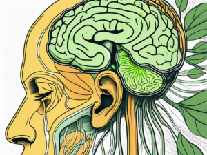 The human ear connected to the brain with the vagus nerve highlighted