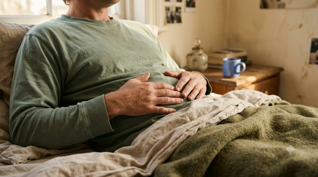 A pair of hands resting flat on a person’s belly as they breathe out slowly on a bed of rumpled linen in warm afternoon light.