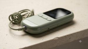 A photograph of a small sage handheld nerve stimulator with a dark screen and a loosely coiled cable resting on a pale stone shelf.
