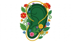 A flat folk-art vector illustration of a human ear silhouette against marigolds, blossoms and broad leaves on a white background.