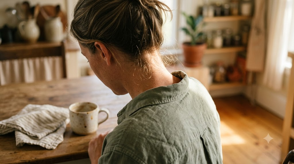 Seen from behind at a kitchen table, warm morning light falls across the back of a person’s neck.