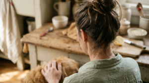 A person sitting on the floor with one hand resting on a dog’s side in a warm room