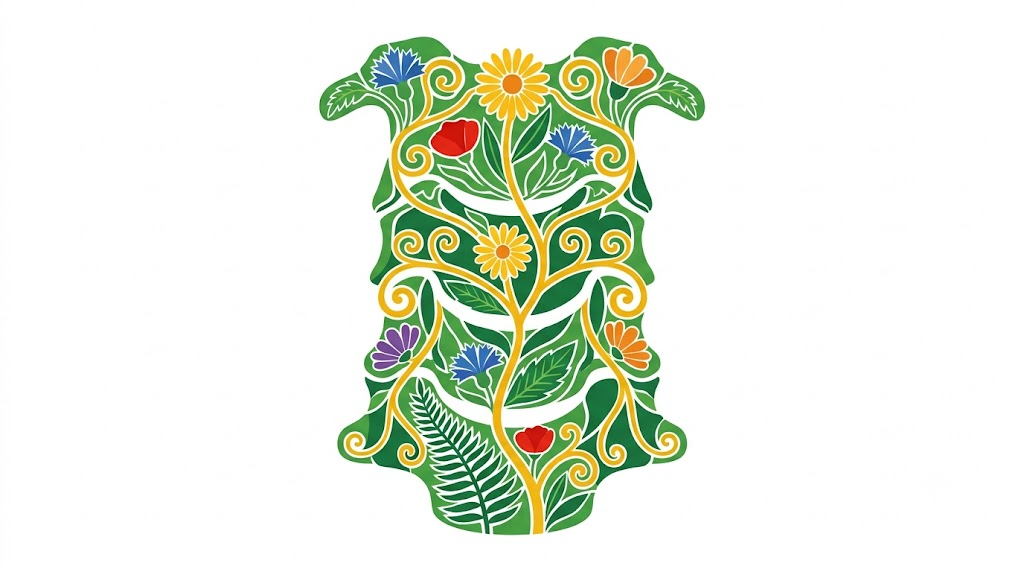 A flat vector folk-art illustration of a human cervical spine surrounded by stylised flowers and a golden vine on a white background.